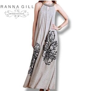 Anthropology Ranna Gill Cream Halter Maxi Dress with Black Floral Embroidery XS
